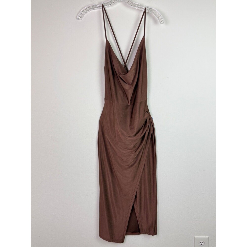 Brown Satin Midi Slip Dress Medium Cowl Neck Ruching Y2K Revival 90's Bodycon - Picture 2 of 9